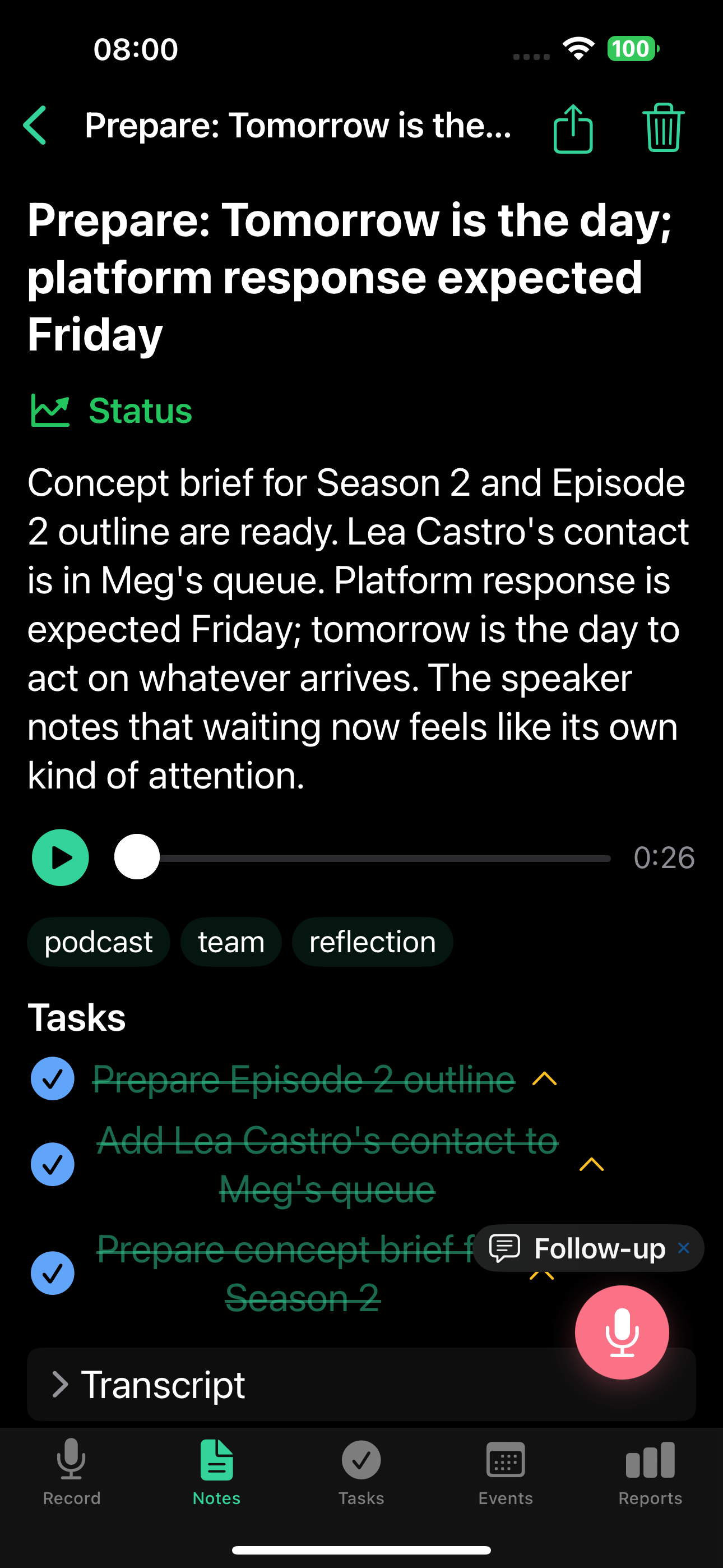 TellDone note detail screen showing AI-generated summary, extracted tasks, and audio playback controls