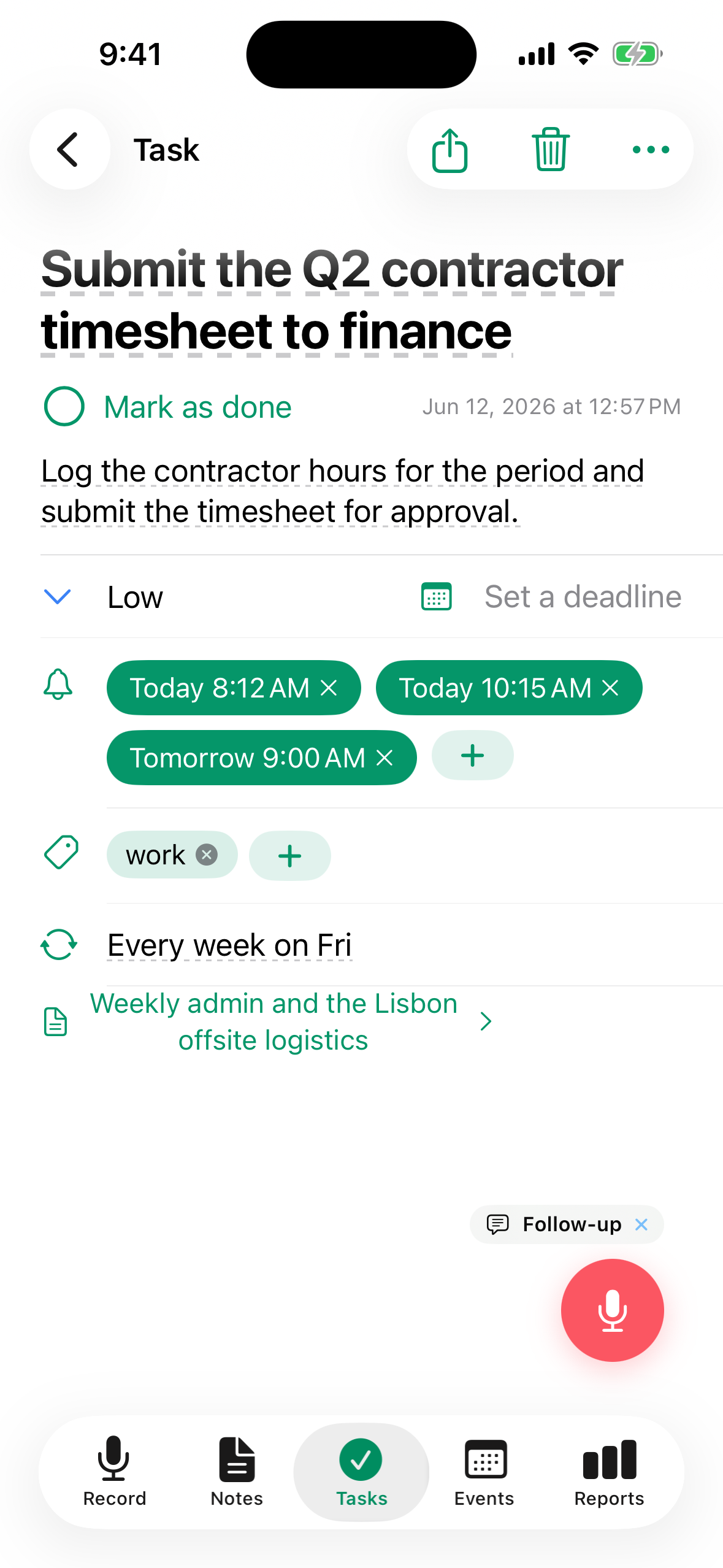 Tarea de TellDone con varias horas de recordatorio configuradas como chips, además de un botón para añadir más recordatorios