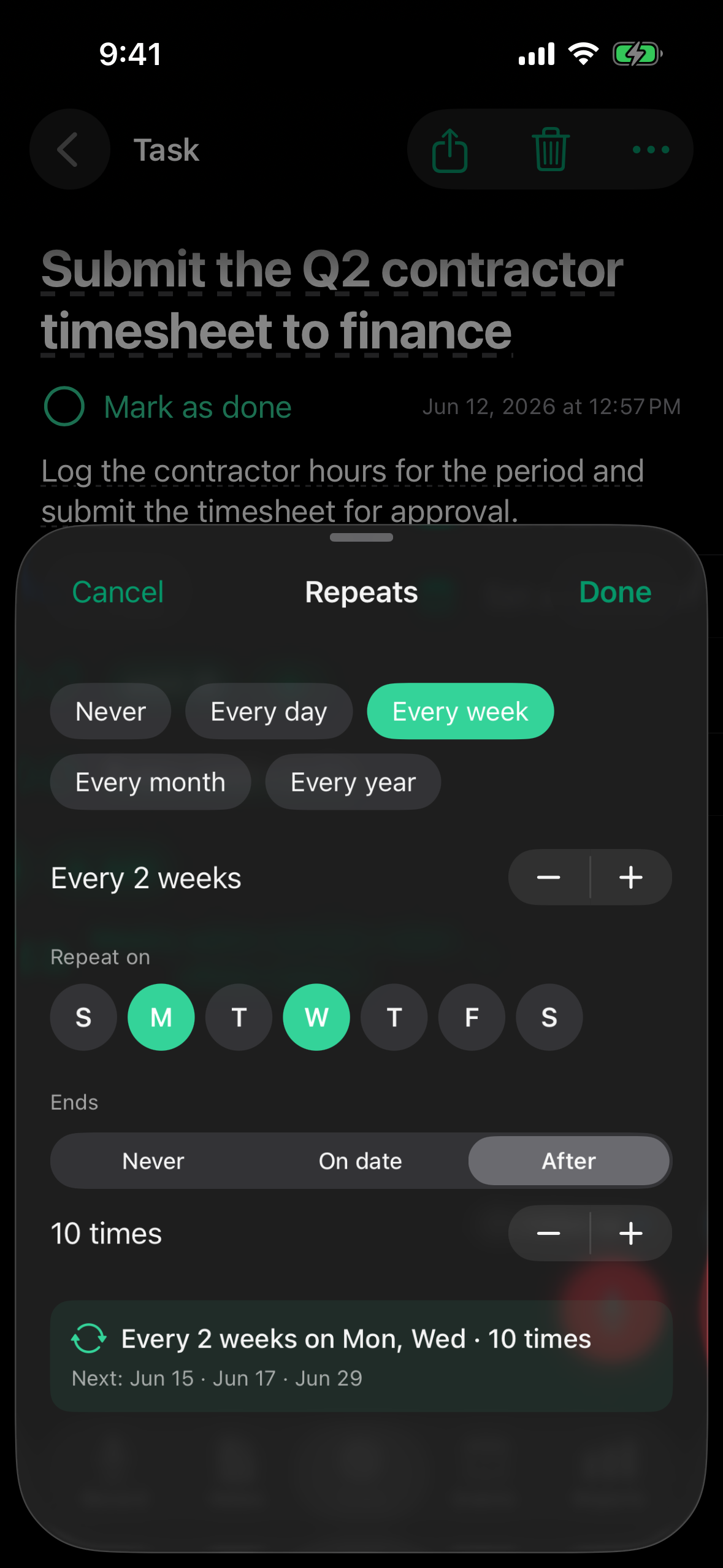 Creador de tareas recurrentes de TellDone mostrando una programación de repetición cada dos semanas los lunes y miércoles con una condición de finalización y un resumen en lenguaje natural