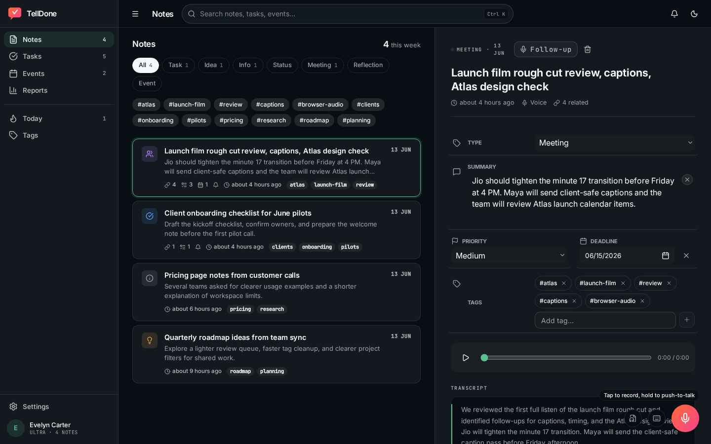 App web de TellDone en un navegador mostrando el espacio de trabajo de notas con reproducción de audio, resumen, etiquetas y tareas extraídas