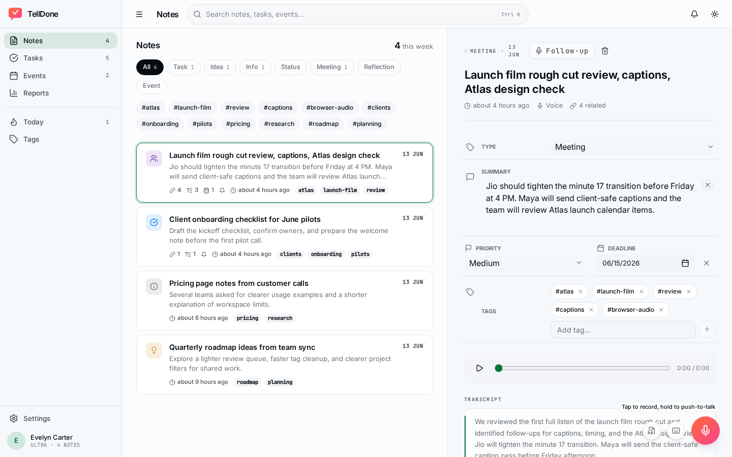 App web de TellDone en un navegador mostrando el espacio de trabajo de notas con reproducción de audio, resumen, etiquetas y tareas extraídas